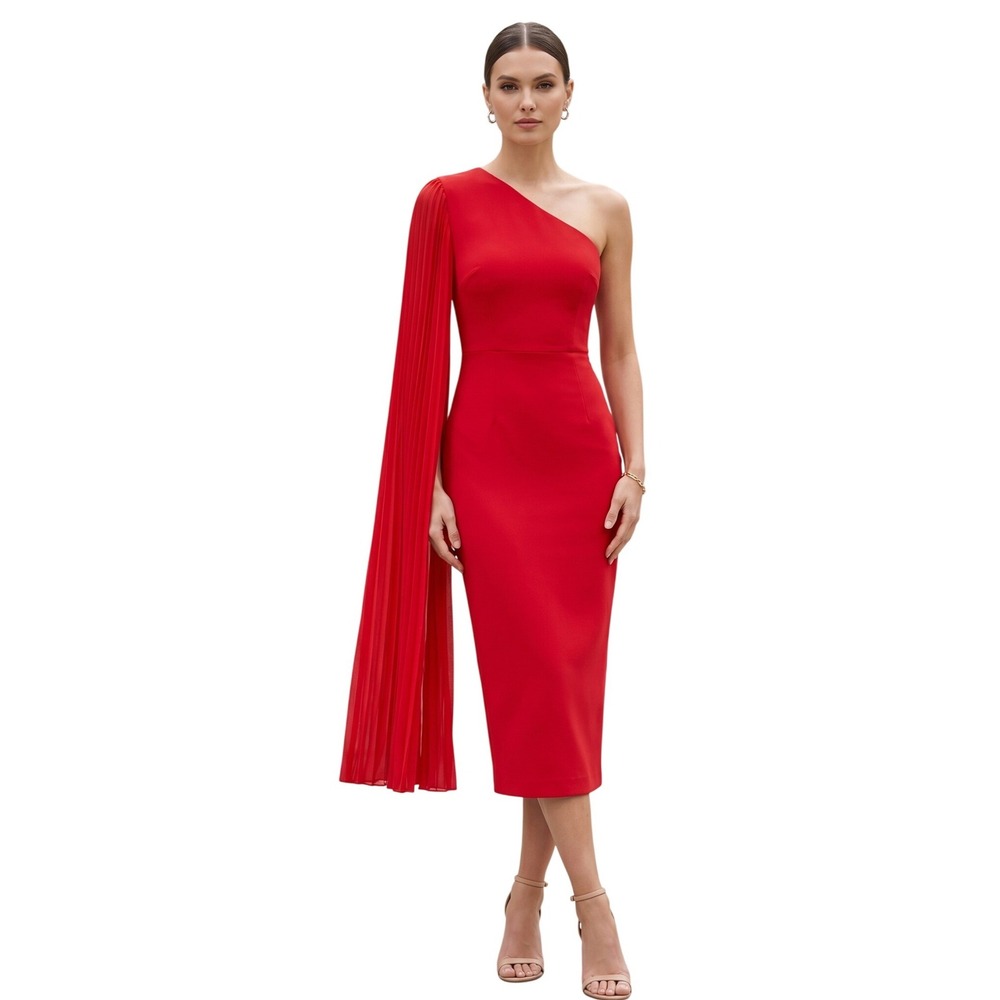 Red One Shoulder Midi Dress Pleated Sleeve Boutique Glam Cocktail Party Size S